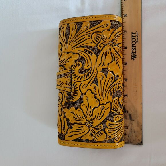 Hand tooled leather wallet Mustard yellow 7 1/2"x 4" BOHO Chic Mexican Artisan - Picture 3 of 8